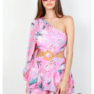 One shoulder Hawaiian print ring o romper